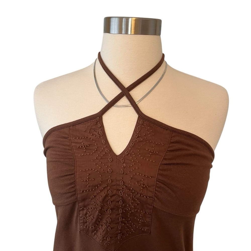 Vintage Y2K AEO halter sun dress brown cross strap tie back embroidered XS - Picture 8 of 16